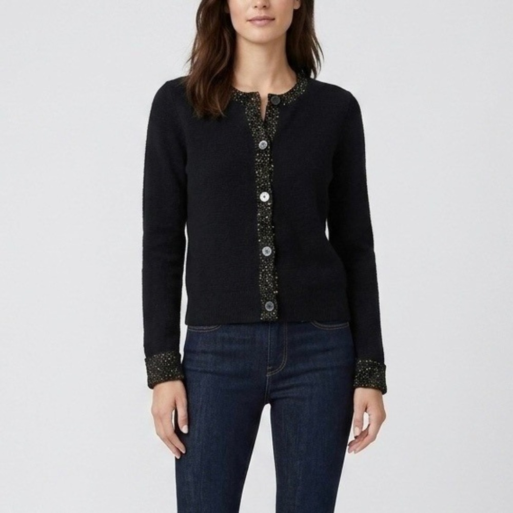 J.Crew Sequin Trim Lady Jacket Cardigan Black Extra Soft Yarn CP346 Size XS